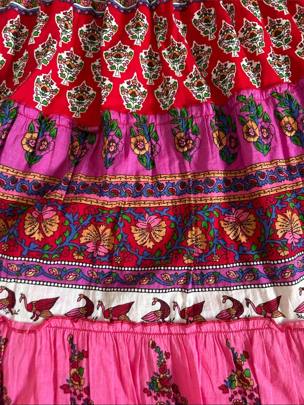 Bohemian Cotton Pink Floral Tiered Maxi Skirt size L ruched waist lined